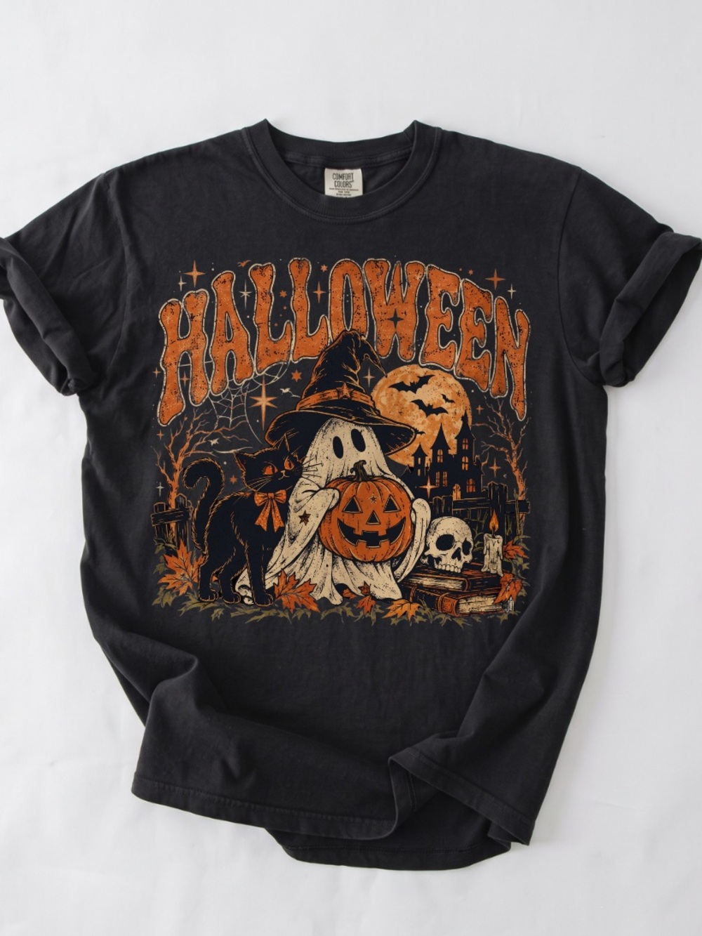Comfort Colors Black Vintage Halloween Graphic Tee, Gothic Pumpkin Witch Cat Tee